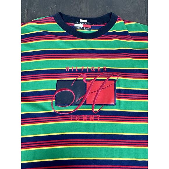 Vintage Tommy Hilfiger T-Shirt Striped Green Blue Red Y2K Tee Men's XL USA Made - Picture 3 of 9